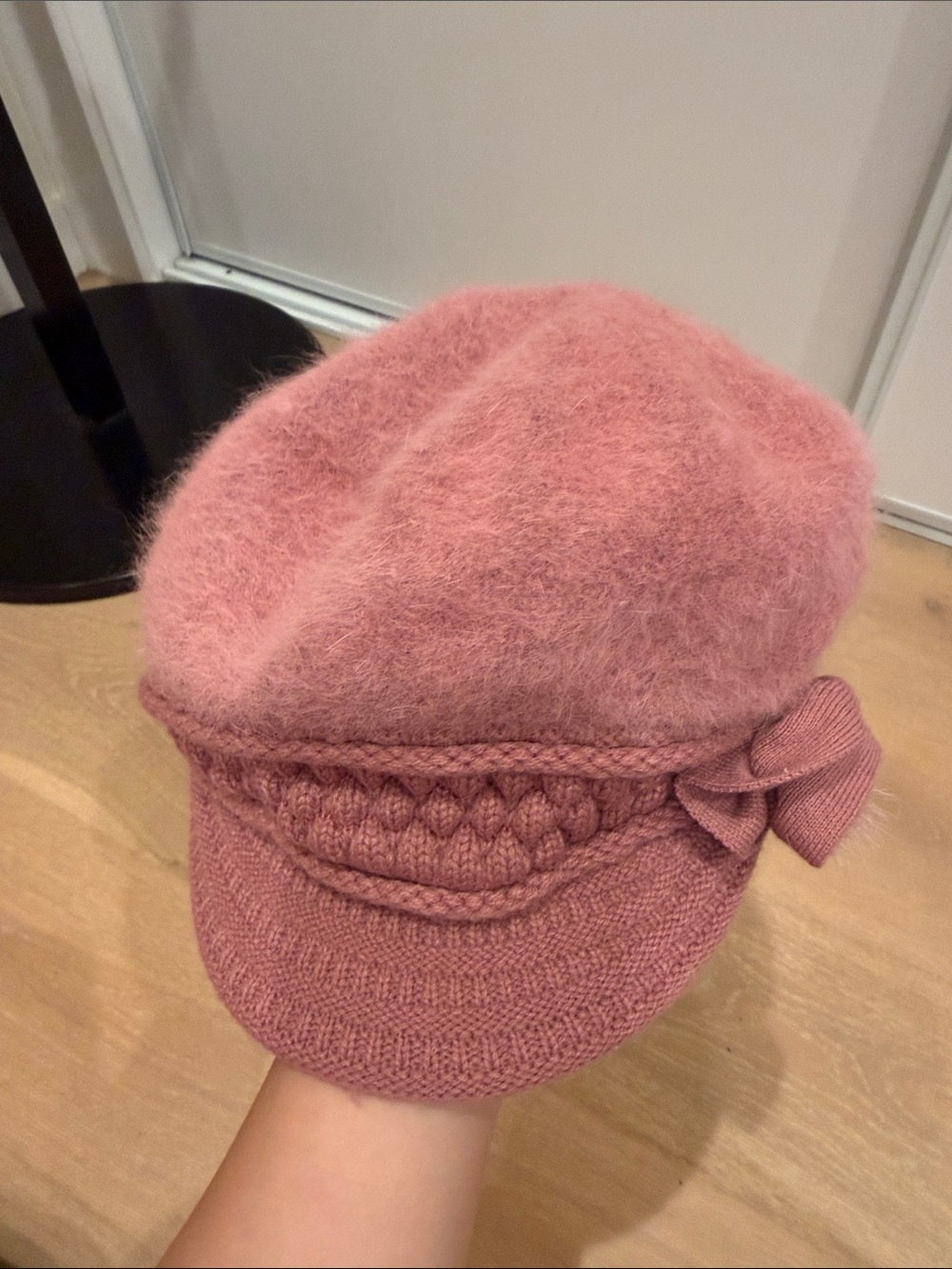 Women’s Pink Fuzzy Knit Baker Boy Cap